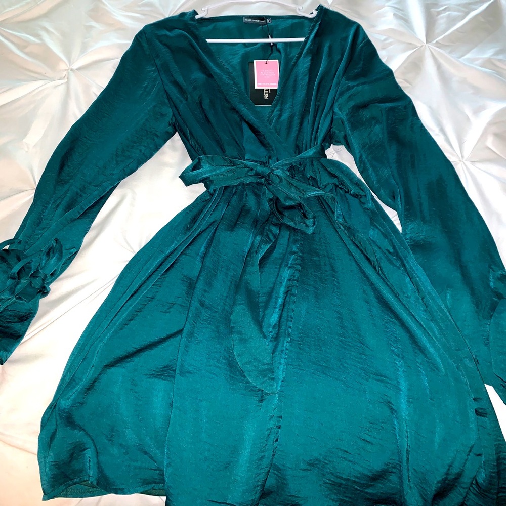 Teal satin wrap dress